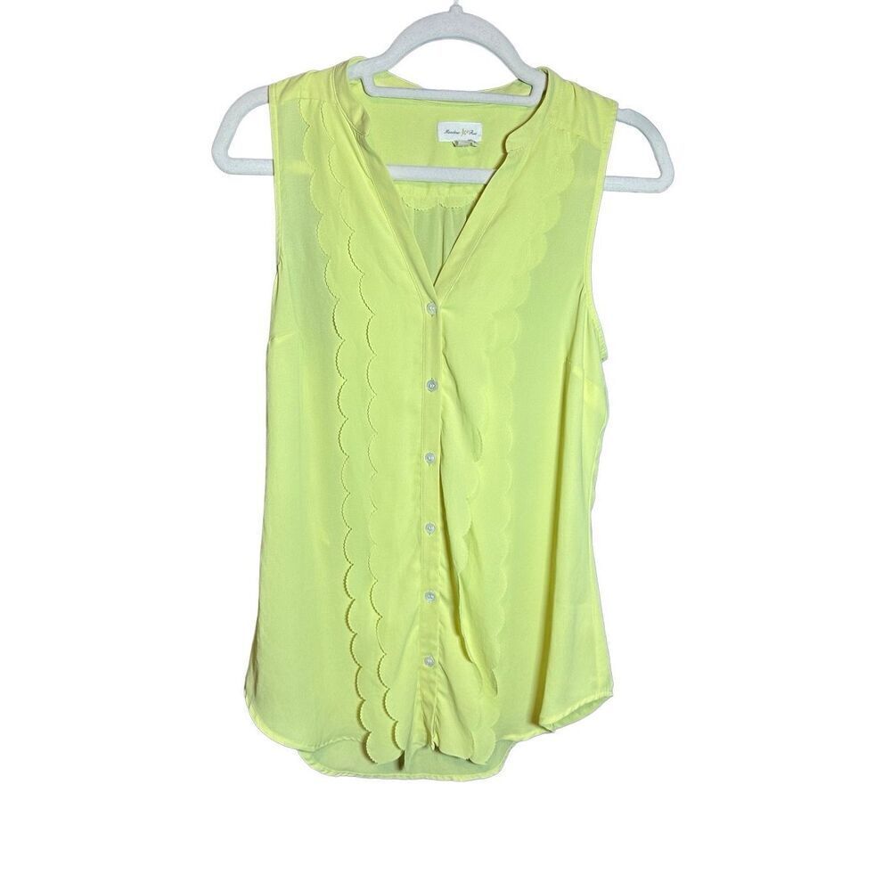 Meadow Rue Lime Green Scalloped Sleeveless Button Down Blouse Size 4 Neon Top